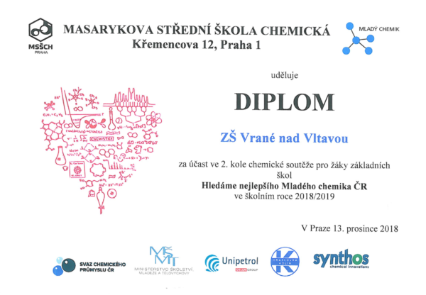Diplom za účast ve 2. kole soutěže Hledáme nejlepšího Mladého chemika ČR