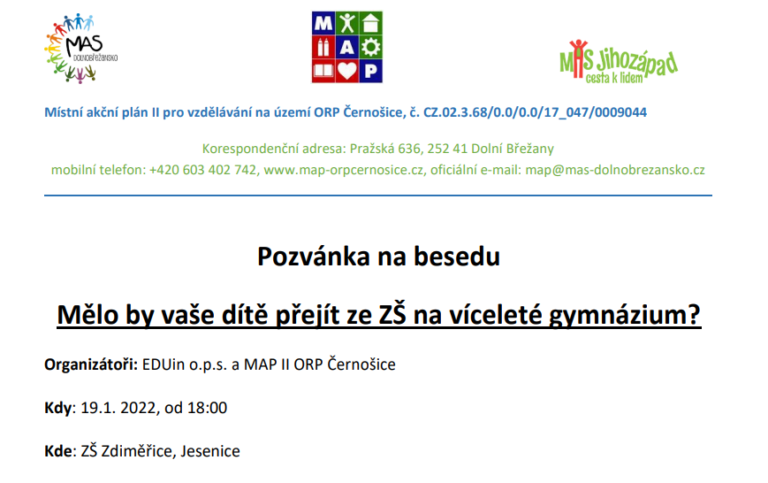 Pozvánka na besedu: Mělo by vaše dítě přejít ze ZŠ na víceleté gymnázium?